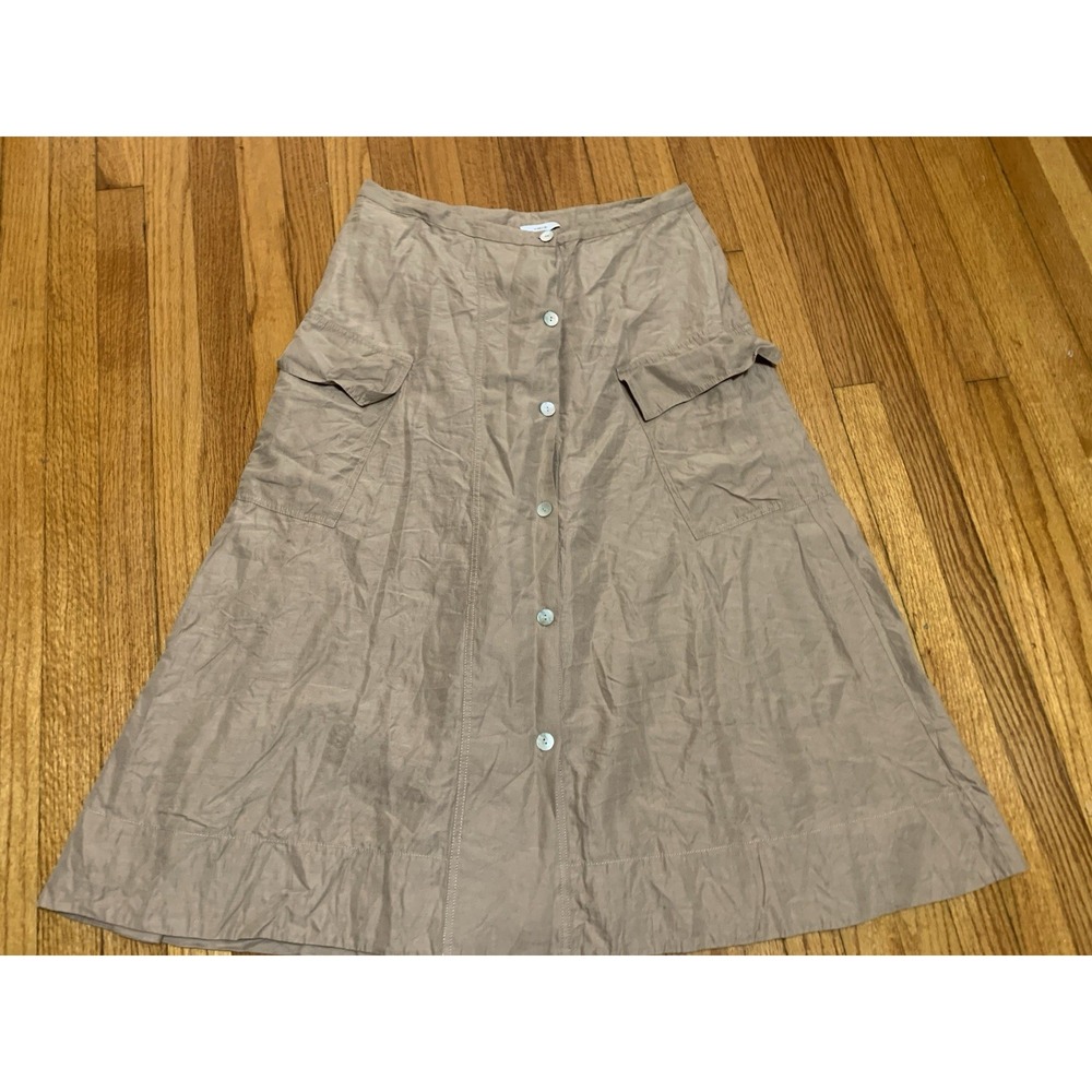 Vince Utility Button Down Linen Khaki Midi Skirt 14 Beach Cargo Boho MSRP $425
